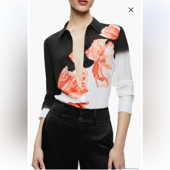 Alice + Olivia Brady Floral Slim Fit Silk Button-Up Shirt size M - Picture 4 of 10